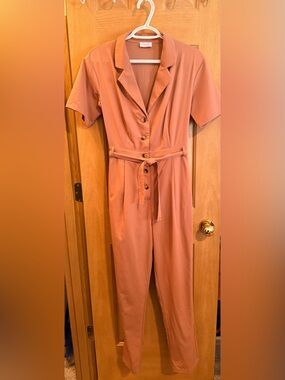 Pink Lily Short-Sleeve Button-Front Belted Jumpsuit - Dusty Rose